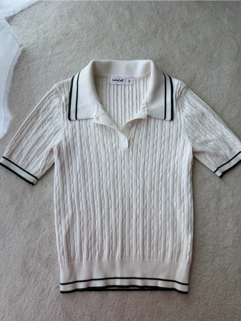 Weekend Getaway Cable Knit Golf Polo Sweater - White with Dark Green Trim